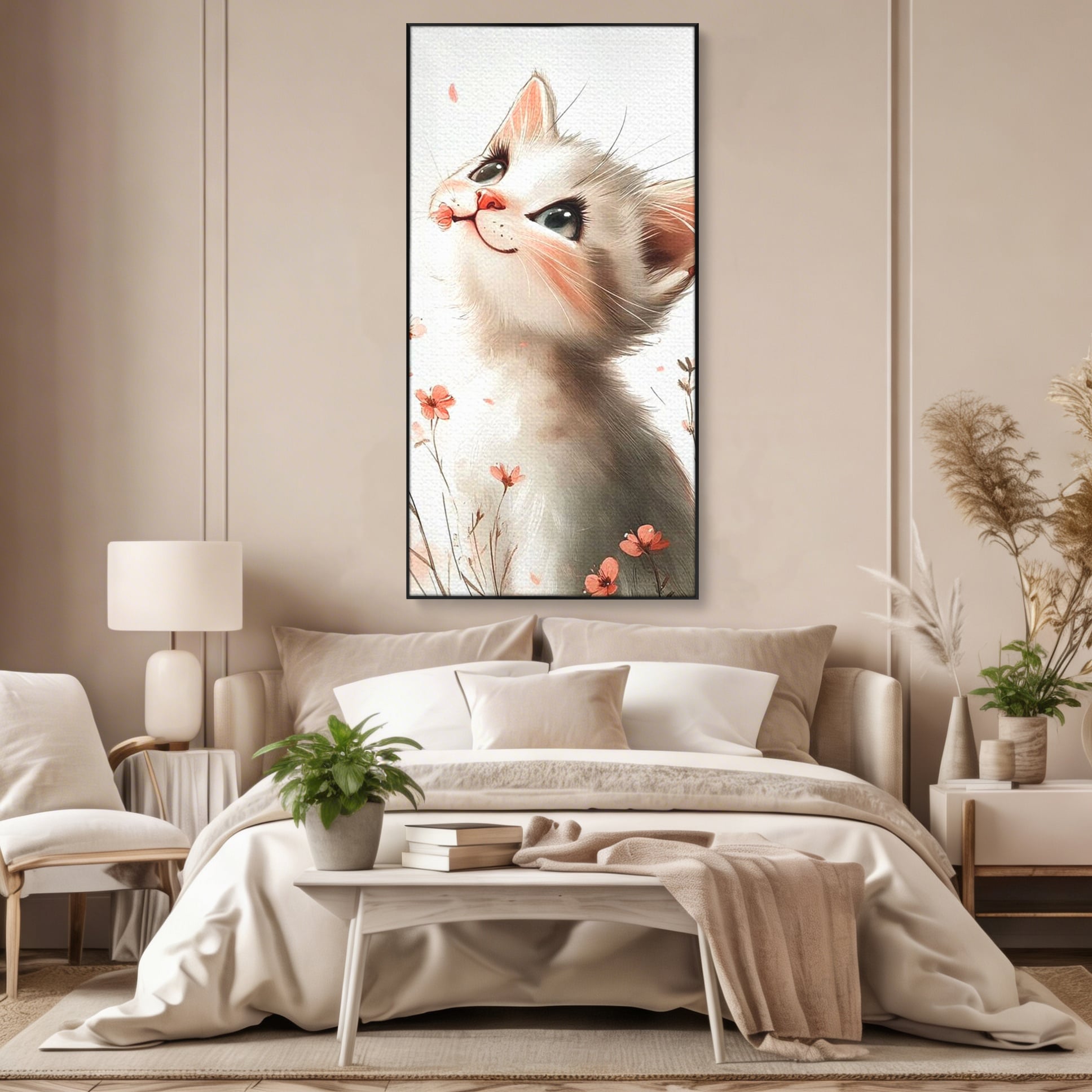 Tablou canvas cu ilustratie cu pisicuta alba si flori roz, in rama de aluminiu negru, pe perete intr-un dormitor